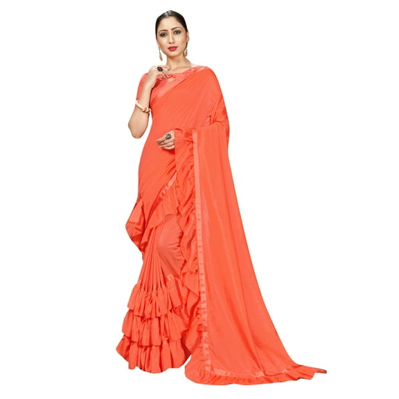 Sarees for Women Georgette Ruffle - Frill Saree | Ethnic Indian Gift Traditional Wedding Gift Sari with Unstitched Blouse Peach