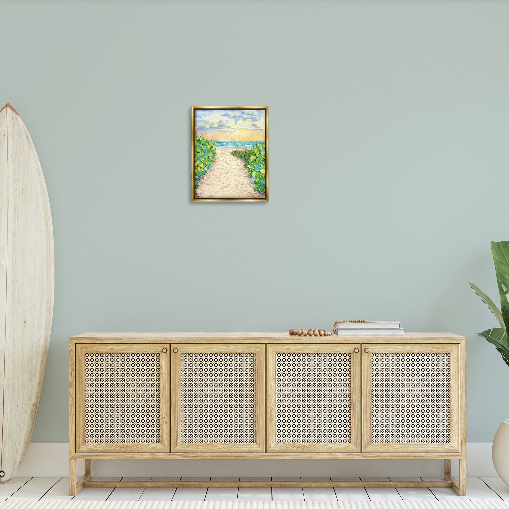 Stupell Industries Lush Beach Botanicals Landscape Painting Gold Floater Framed Canvas Art Print Wall Art, 17 x 21