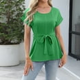 thumbnail image 3 of Lmnyox Fashion Tunic Tops for Women Tie Waist Pleated Short Sleeve Blouses 2025 Trendy Crew Neck Shirts Outfits, 3 of 7