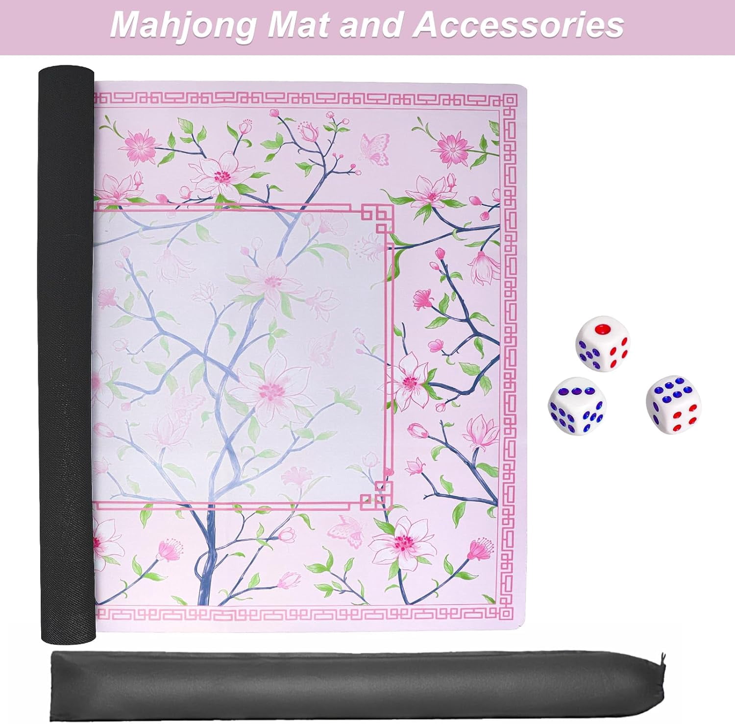 Pink Printed Mahjong Mat (31.5”x31.5”) with Black Carrying Bag, Anti-Slip, Noise-Reducing, Mahjong Table Mat for Mah-jongg,Poker, Board Games, Dominoes, and Card