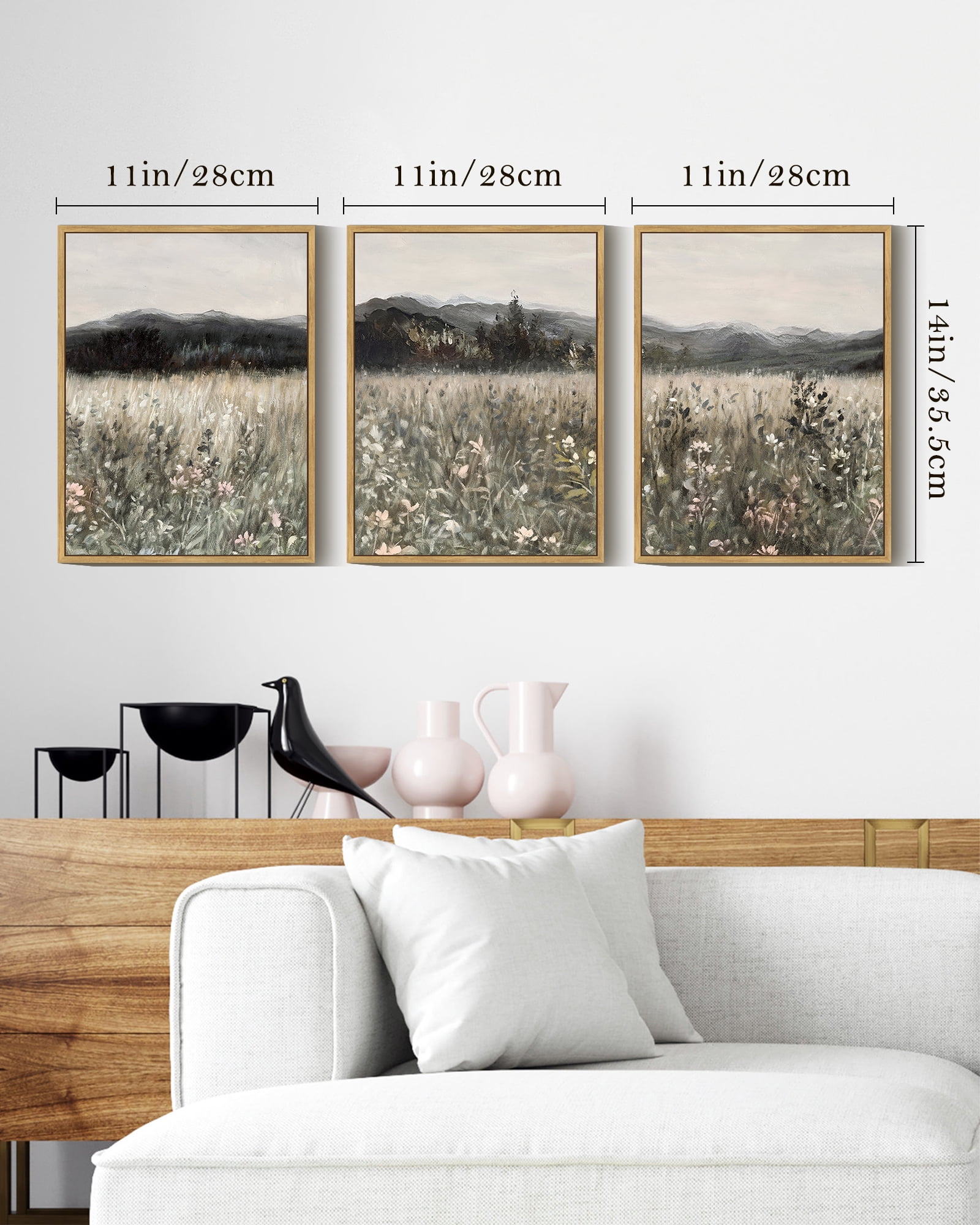 Vintage 11x14in3pcs Natural Framed Landscape Wall Art Prairie in Full Bloom Wall Prints Classic Retro Farmhouse Decorations for Living Room Bedroom