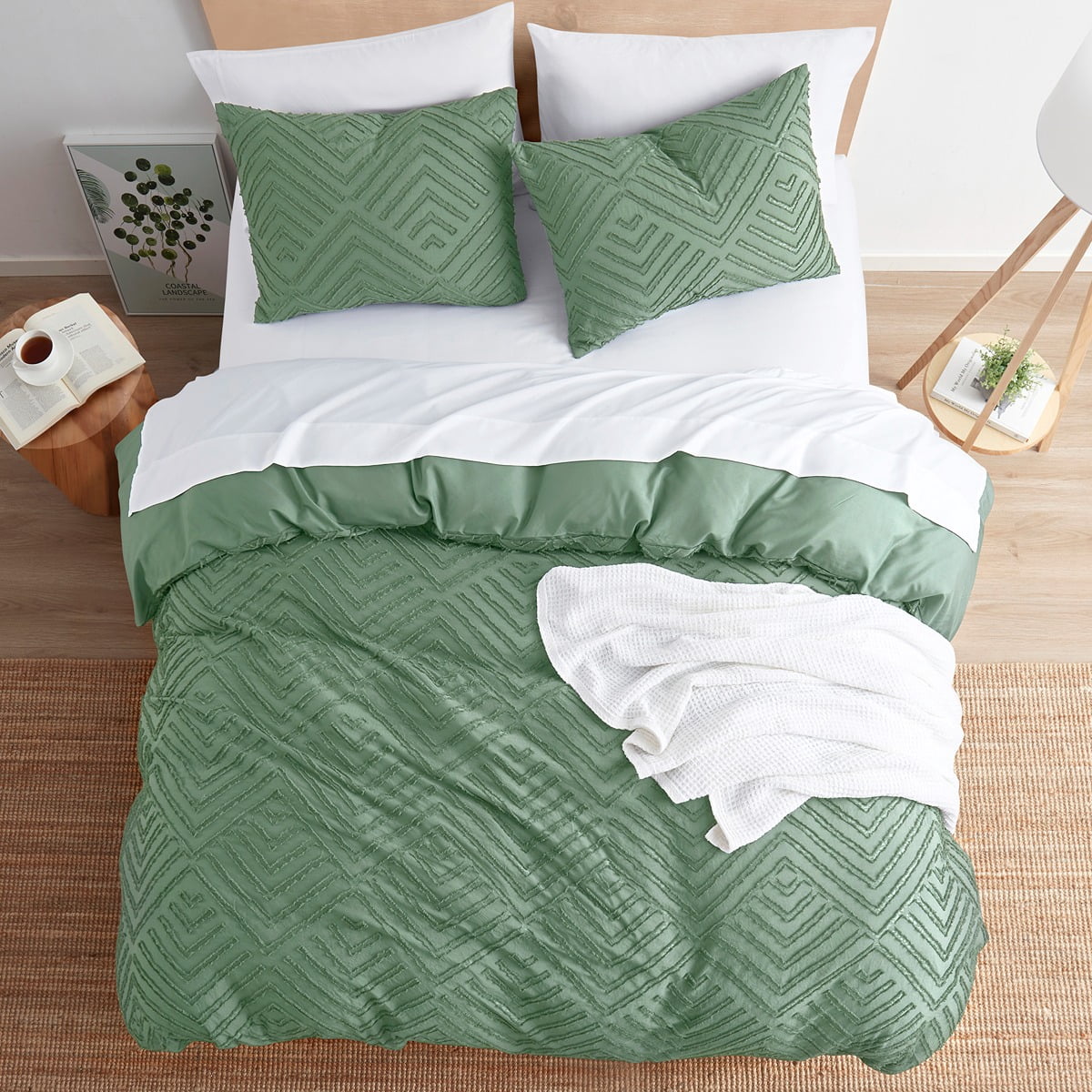 Nestl Boho 3 Piece Duvet Cover Set, Tufted Embroidery Double Brushed Duvet Cover with Button Closure with 2 Pillow Shams, Twin (68"x90") - Green