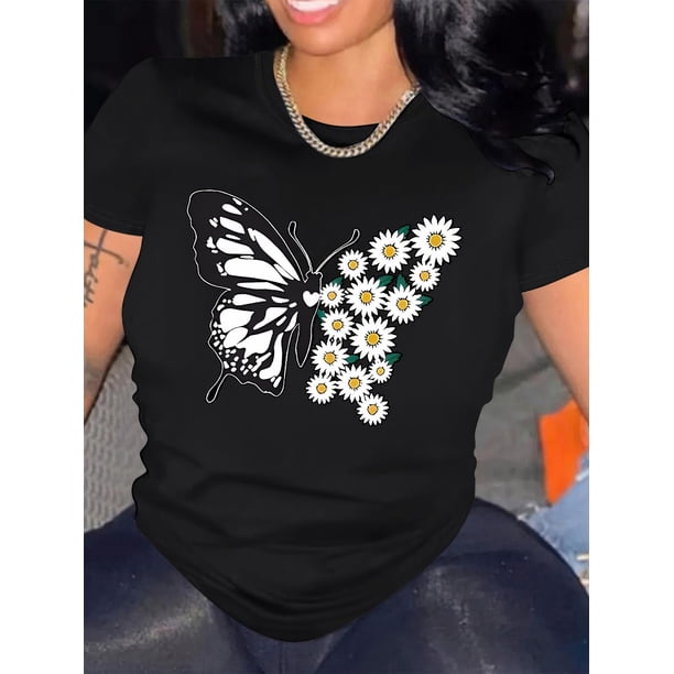 Camiseta informal de verano de manga corta para mujer con estampado de mariposas y margaritas, cuello redondo, deportiva y de moda para adultos, hombres, mujeres, adolescentes y jóvenes.