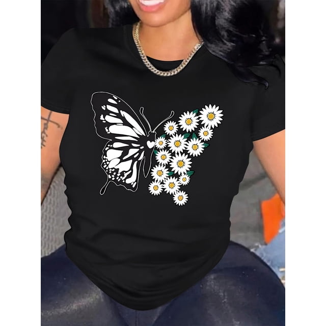 Camiseta informal de verano de manga corta para mujer con estampado de mariposas y margaritas, cuello redondo, deportiva y de moda para adultos, hombres, mujeres, adolescentes y jóvenes.