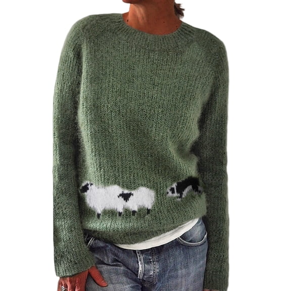 Helii Sweaters for Women Casual Cute Sheep Embroidered Knit Sweater Crewneck Long Sleeve Fall Pullover Top Cozy Warm Comfortable Layering Winter Outfit (L)
