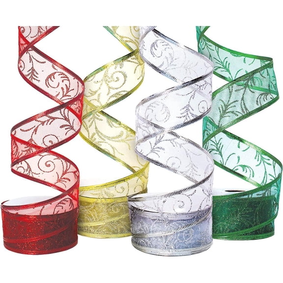 Christmas Ribbon Wired 1.5 Inch Set of 4 Ribbon Wire Red, Green, Gold, Silver/White Sheer Organza Glitter Gift, Xmas Ribbons Decoration, Holiday Craft, Gifts Wrap 40 Yards / 10 Yard Ea. Roll