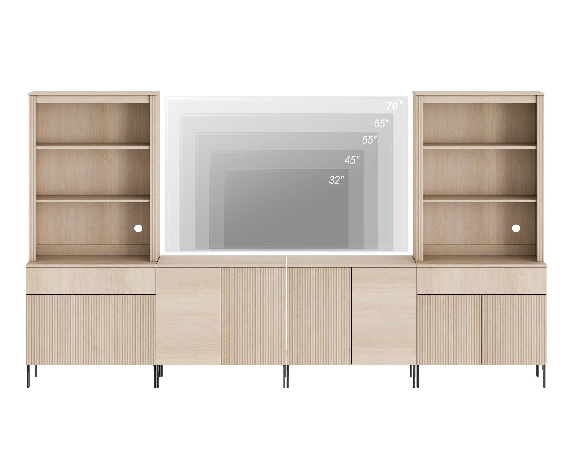 Modern Fluted TV Stand with Bookshelves for Tvs up to 75", Large Entertainment Center with Storage Cabinet, 14-Tier TV Console with Reeded Drawers For Living Room, Bedroom