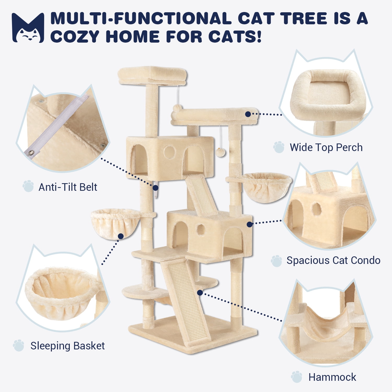 Sifurni 65.7" Large Cat Tree Tower Condo House for Cats with 2 Scratching Ramps, Hammock & Scratching Post, Beige