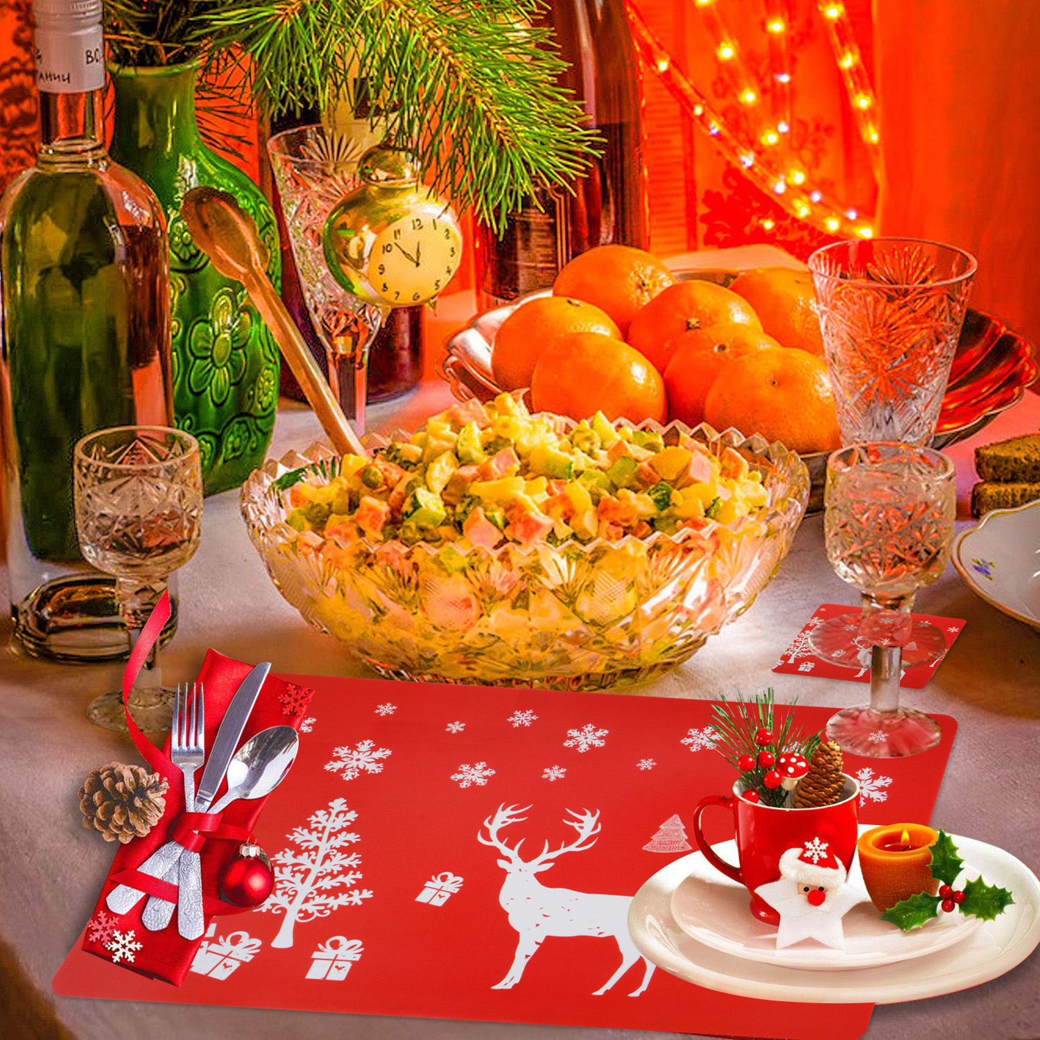 6 Sets De Table De Noël En PVC – Forme Père Noël, Lavables, Résistants à La Chaleur, 33x33 Cm