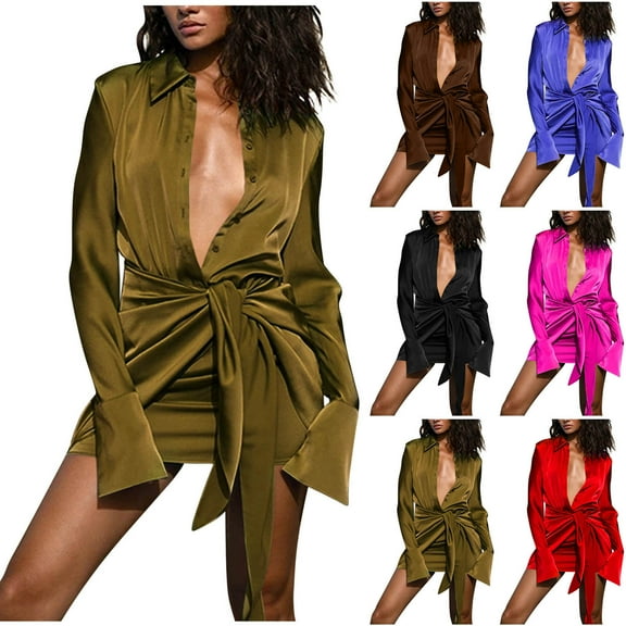 YHAJDS Women's Fall Winter Casual dress,Women's Dresses Solid Color Long Sleeve Dress Casual Long Sleeve Dresses for Women Button Down Collar Satin Ribbon Tie Asymmetrical Hem Dress