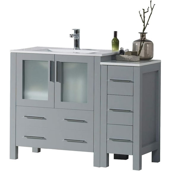 Blossom 42" Bathroom Vanity with Side Cabinet | Metal Grey | Solid Wood | Ceramic Sink | Freestanding