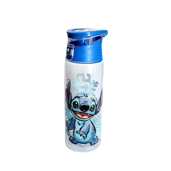 Botella con tapa abatible Disney Uh Oh Stitch transparente con tapa azul, 350 ml