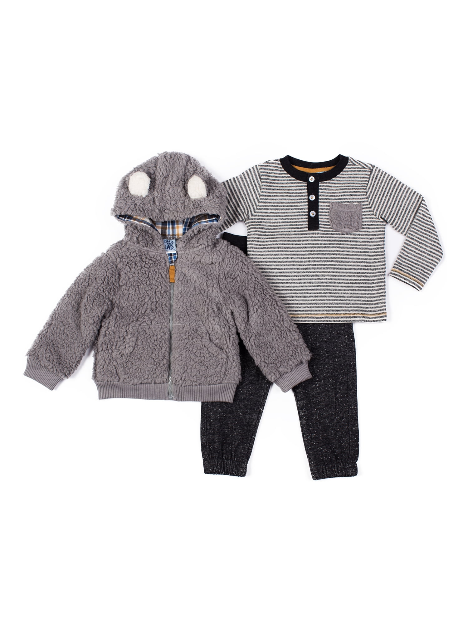 Little Lad Baby Boy Hooded Sherpa Jacket, Long Sleeve Shirt and Pant