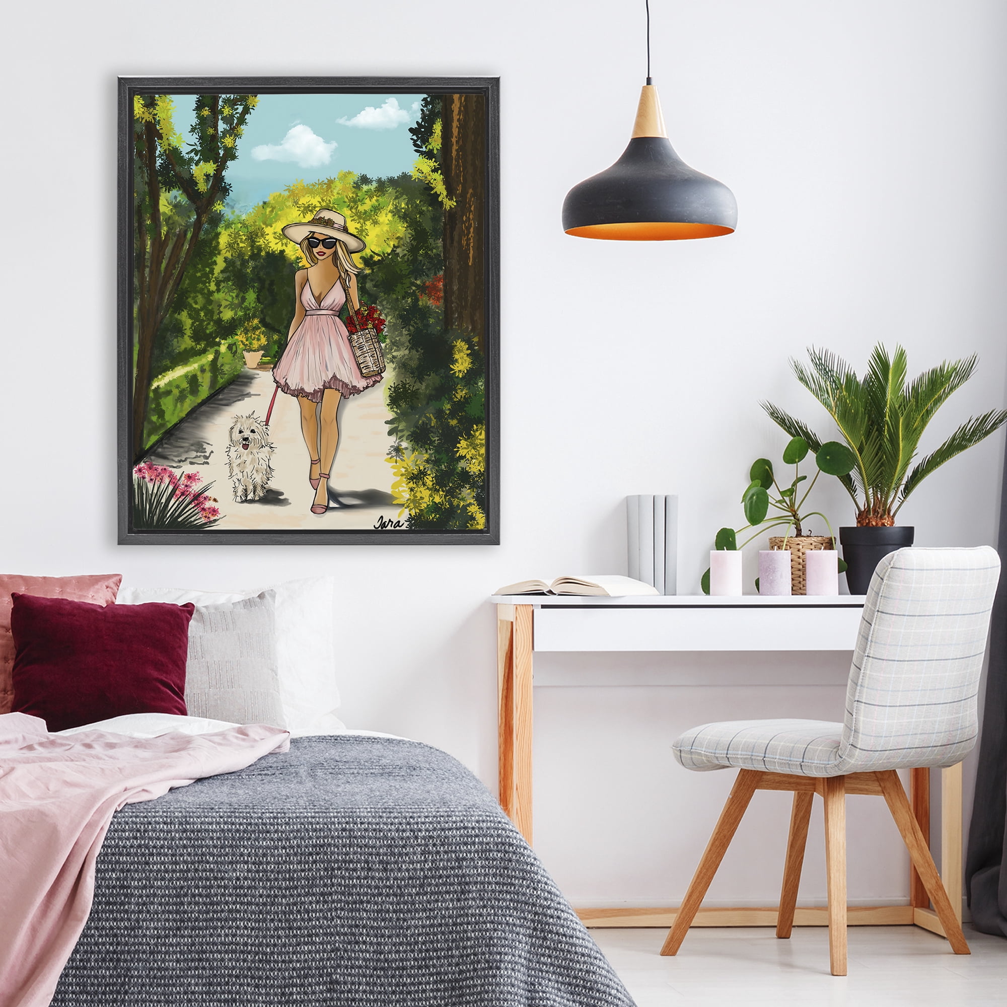 Stupell Industries Garden Girl Strolling with Pup Black Framed Floater Canvas Wall Art, design by Tara Boone