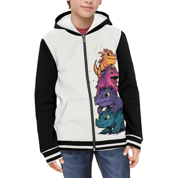 POLERO Girls Graphic Zip Up Hoodies Sweatshirt with Pockets Kids Hooded Coat Casual Outerwear Cartoon Dinosaur Black Print 6-7 Years