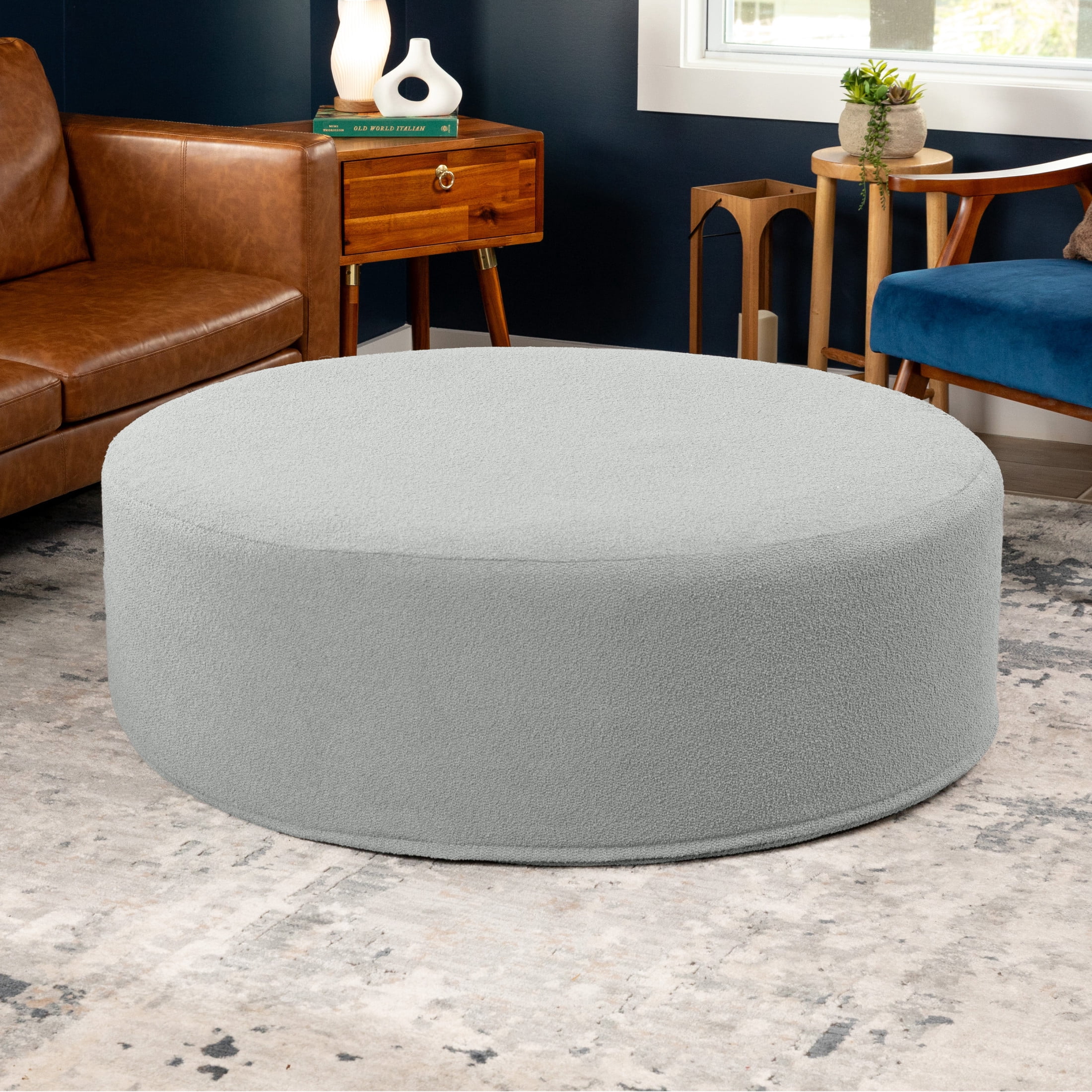 Jaxx Candler Round Coffee Table Ottoman, Oversized, 44-Inch, Boucle Silver