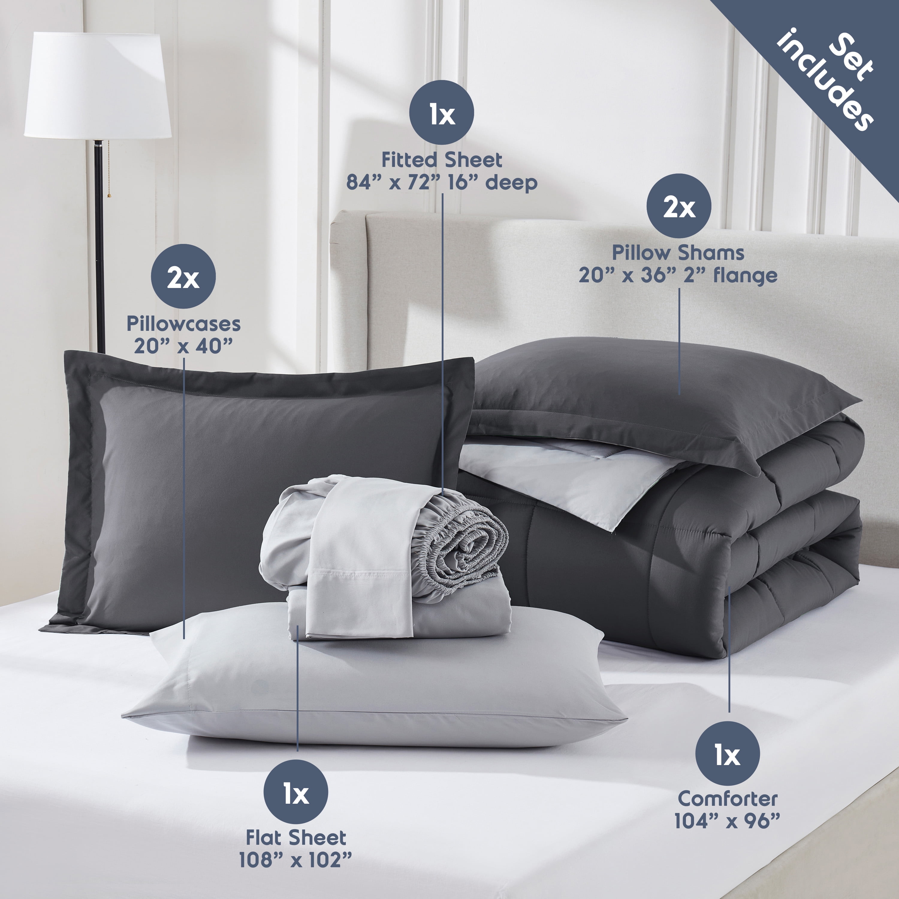 LammaLoe Full-Size Comforter Set, With Sheets, Reversible Bed In A Bag 7 Piece, Bedding Set, Dark Grey
