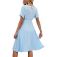 thumbnail image 3 of TEMOFON Women Summer Dresses Short Sleeve Crewneck Solid Flare Midi Dress Elegant Blue Pleated Sundress with Waist Tie, 3 of 3