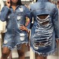 thumbnail image 1 of WOMENS Faded Long Line Ripped Oversized Denim Jacket Slim Distressed Jeans Coat, 1 of 4
