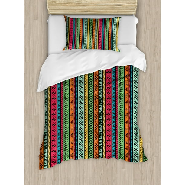 Hippie Duvet Cover Set, Artistic Hand Drawn Vertical Borders Colorful