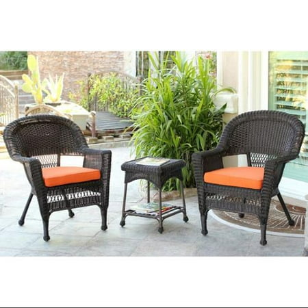 3-Piece Espresso Wicker Patio Chairs and End Table Furniture Set - Orange Cushions