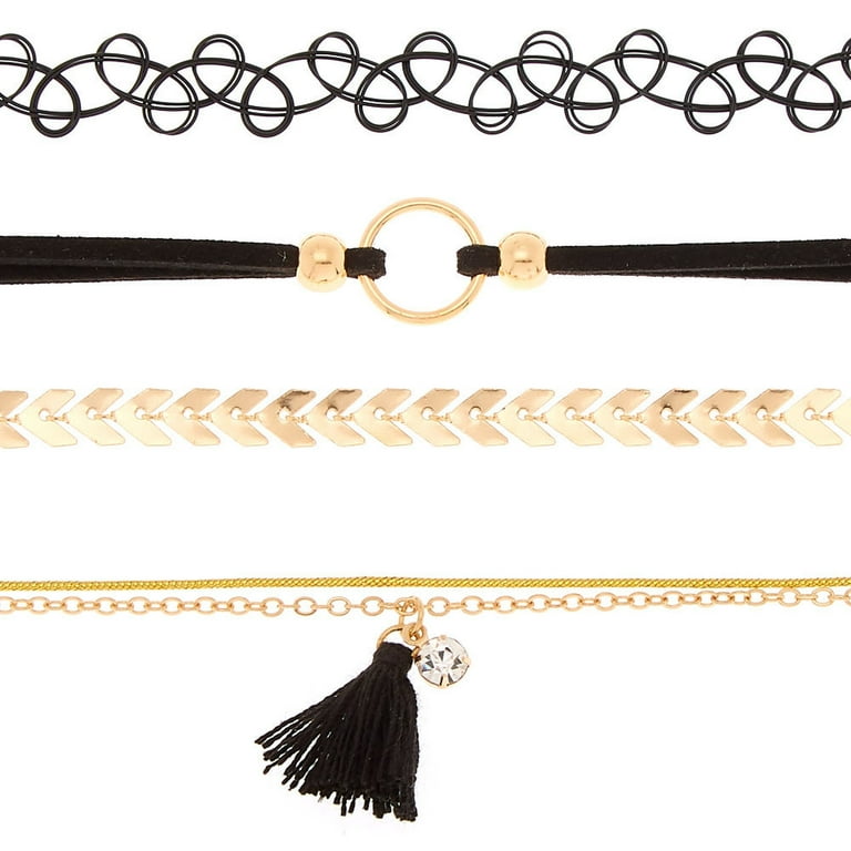 Claire's Mixed Metal and Plastic Choker Necklaces - Black, 5 Pack