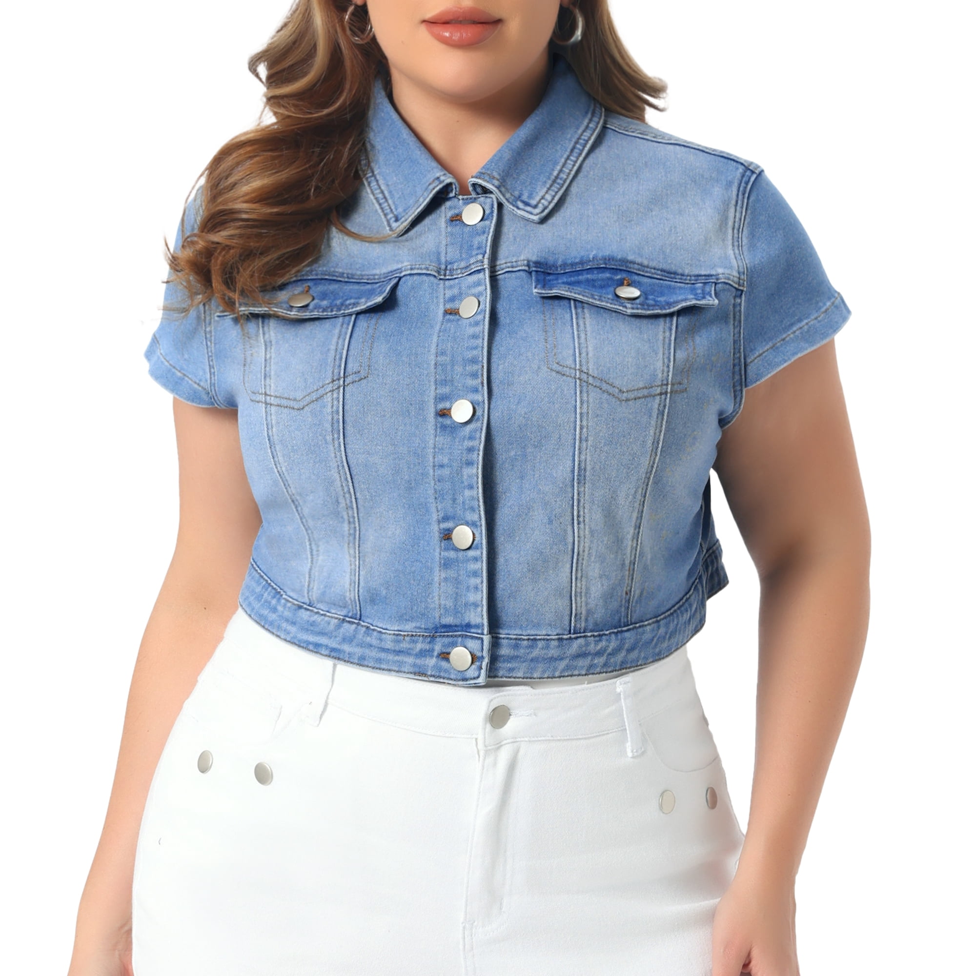 DARING DIVA Women's Plus Button Down Cap Sleeve Cropped Jacket 3X Light Blue