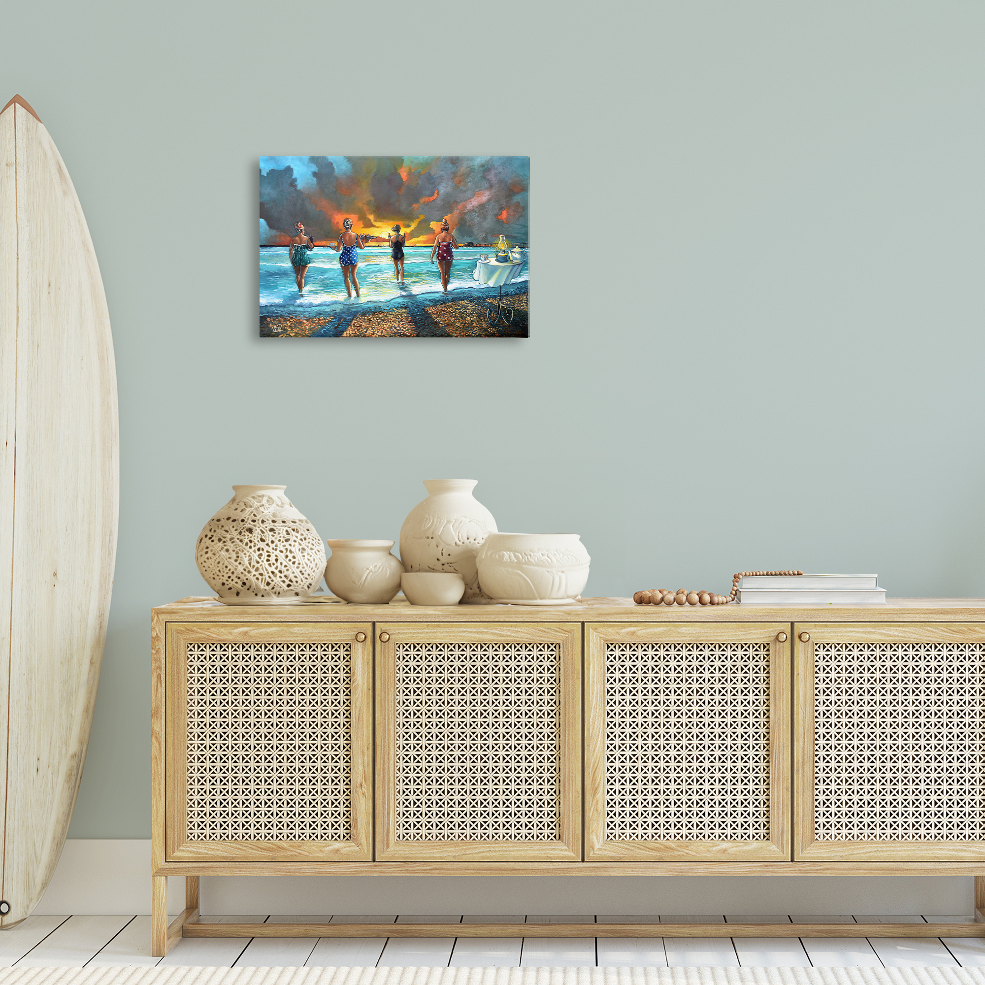 Stupell Industries Elegant Ladies on Beach Novelty Painting Gallery Wrapped Canvas Art Print Wall Art, 24 x 16