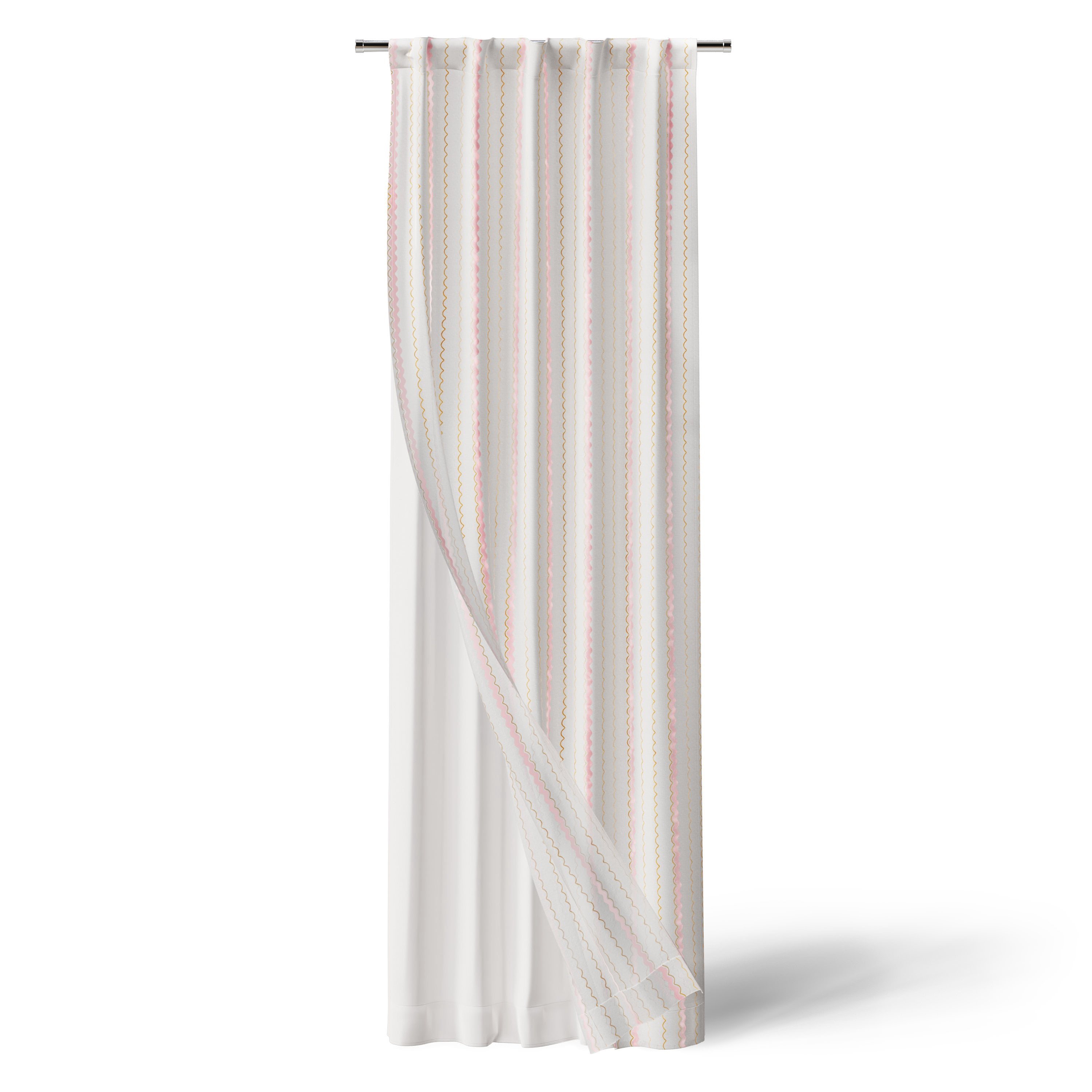 Mainstays Kids White and Pink Scallop Stripe Sheer Overlay Blackout Rod Pocket with Back Tabs Single Curtain Panel, 38" W x 84" L