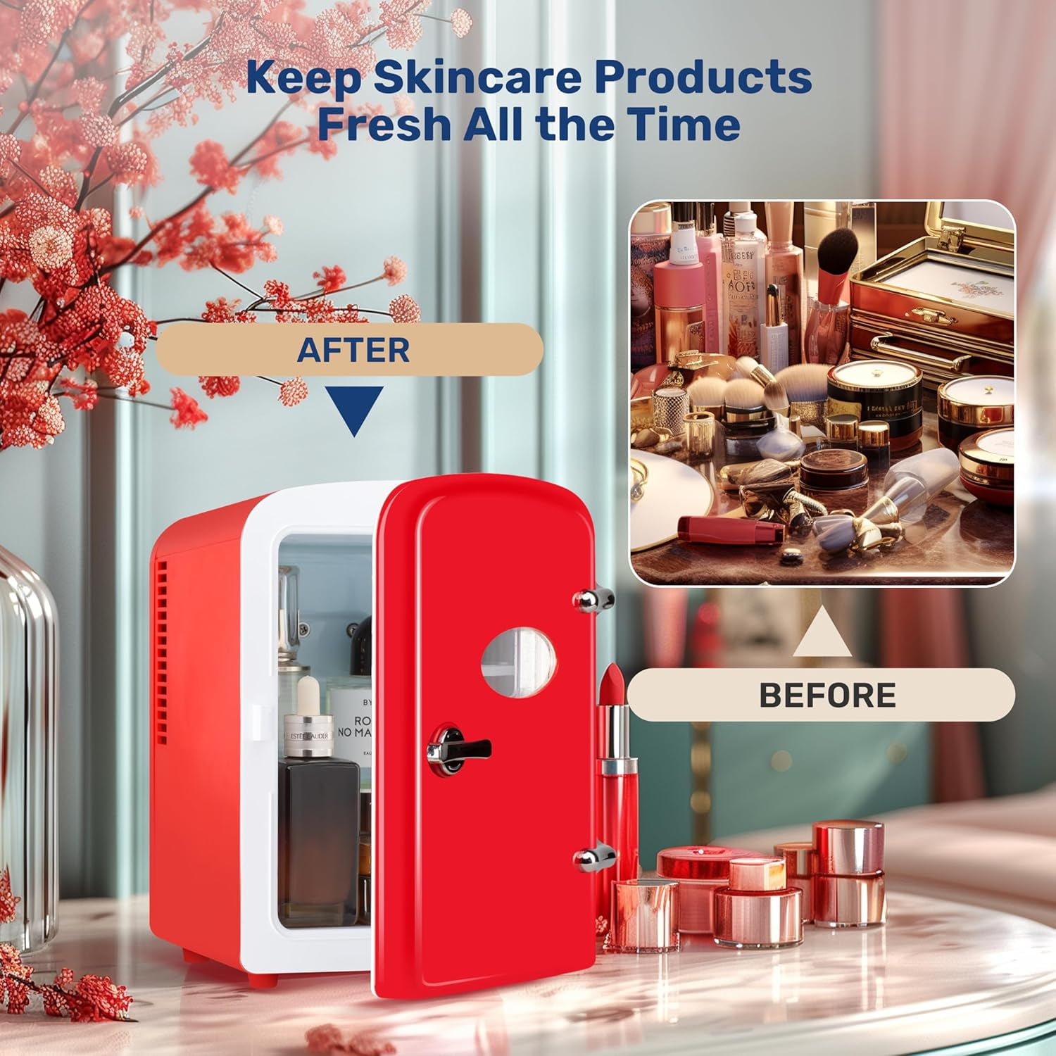 Simple Deluxe Red Mini Fridge – 4L Skincare & Beverage Cooler Warmer with Window, Aesthetic & Freon-Free