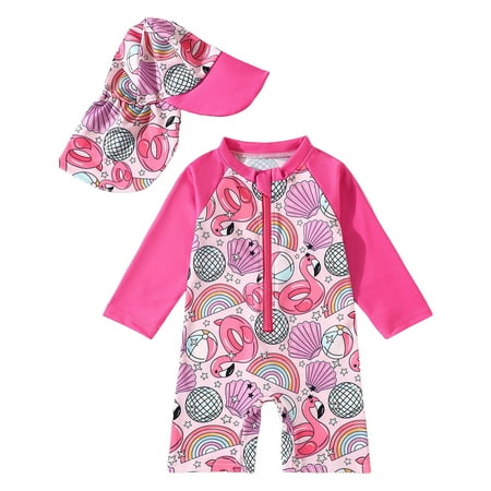 Kogui Toddler Girl Swimsuit Kids Girls Rash Guard Long Sleeve One Piece Swimsuits Zipper Bathing Suits (Hot Pink 18-24 Months)