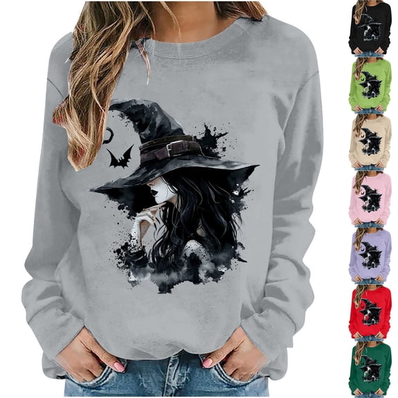 Jsaierl Halloween Sweatshirts for Women Plus Size Witch Graphic Pullovers Soft Going Out Round Neck Long Sleeve Shirt Tops Halloween Clothes, Sizes S-2XL