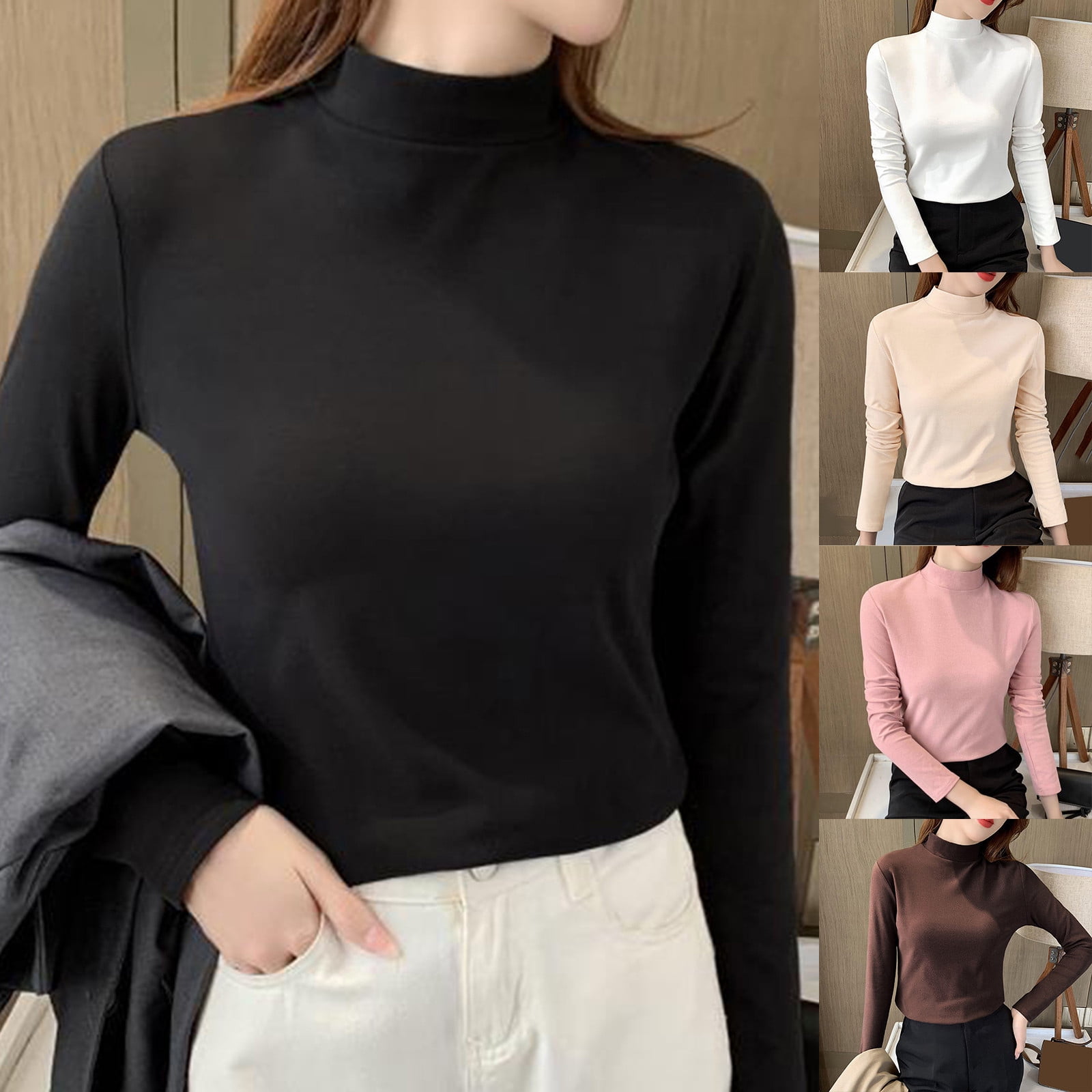 WTXUE Base Layers Long Sleeve, Mock Neck Women Slim Solid Mock Turtleneck Blouse Slim Stretchy Layer Tee Shirts Solid Casual Tops for Women