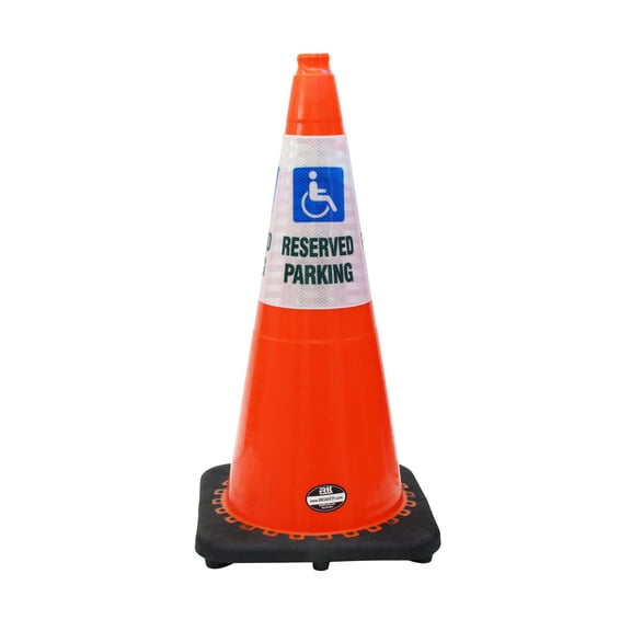 (Set of 4) RK 28" Orange Safety Traffic PVC Cones Black Base with"RESERVED PARKING WITH HANDICAPPED" Reflective Message Sleeve (4 Cone, 4 Sleeve)