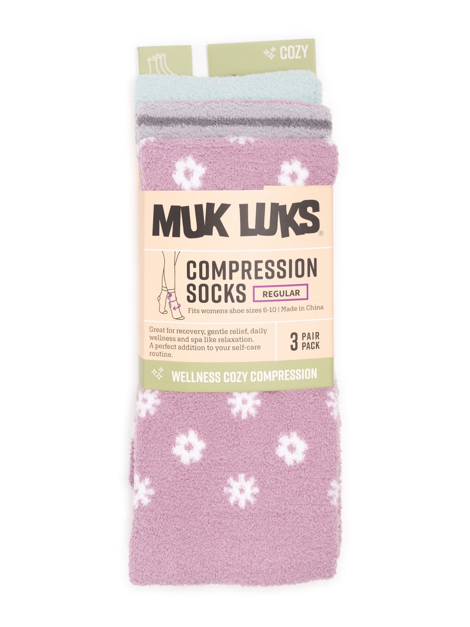 Muk Luks Women's Regular Crew Compression Socks, 3-Pack, Shoe Sizes 6-10,Purple Flower