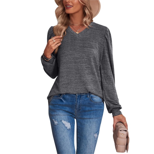 Camisa de manga larga para mujer Manga abullonada Manga larga Cuello en V Color puro Camisetas básicas para mujer Gris oscuro S