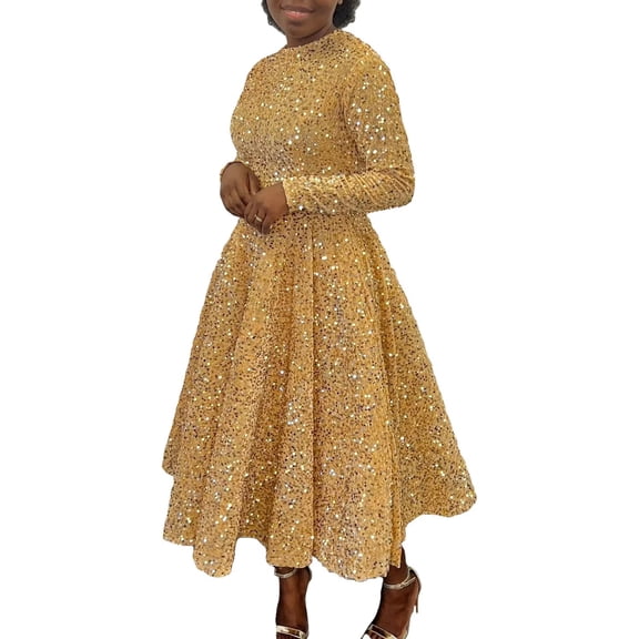 Women's Sequin Plus Size Midi Dress Pleated A Line Cocktail Party Dresses