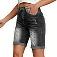 thumbnail image 5 of vigerkar Women High Waisted Stretch Bermuda Shorts Ripped Rolled Hem Jean Shorts Black, L, 5 of 8