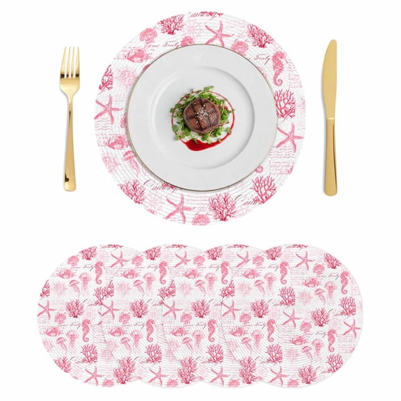 Pink Ocean Coastal Round 15 Inch Placemats Set of 4, Nautical Starfish Jellyfish Coral HeatResistant Non Slip Place Mats for Dining Table, Wipeable Braided Kitchen Table Mats for Housewarming