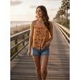thumbnail image 5 of Boho Floral Button Front Camisole, Orange Sleeveless Spaghetti Strap Tank Top, Lightweight Summer Beach Vacation Blouse, 5 of 9