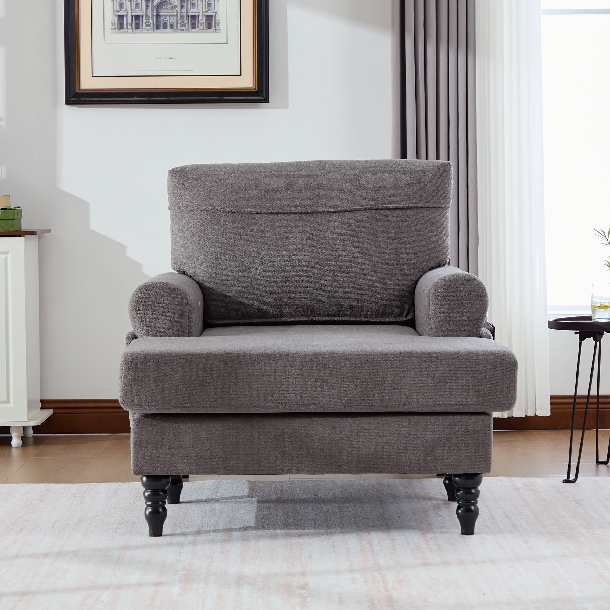 Leumius Chaise Lounge Indoor,Plush Chenille Upholstered Single Sofa Bed with Wooden Sofa Legs and Armrests,Armchairs Reading Chairs for Living Room,Dark Gray