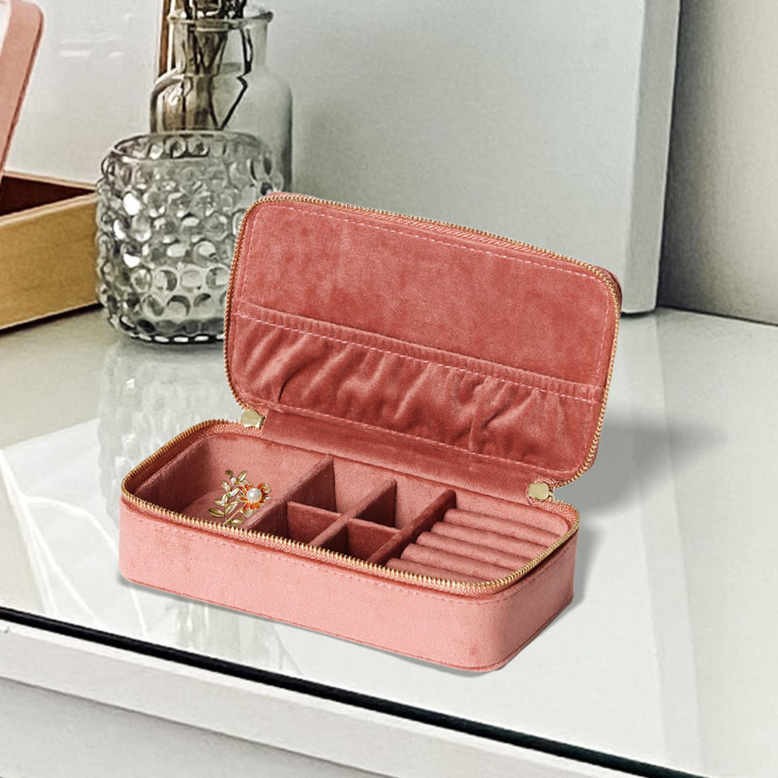 FVDPWYE Jewelry Box Organizer Dual Zippers Removable Partition Traveling Portable Velvet Pink