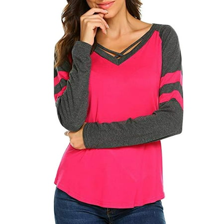 - LMart Women Criss Cross V Neck Long Sleeve Colorblock Baseball T-Shirts Tops Blouse