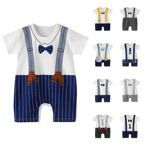 Lovzfmll Toddler's Birthday Print Short Sleeve Romper, Cotton Crew Neck Snap Crotch Jumpsuit for Little Boys, Summer Party Outfits for 0-3 Months
