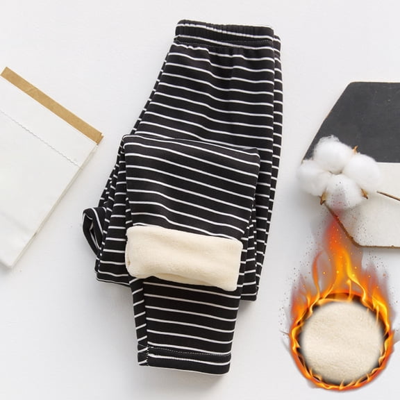 ZHOGXU Big Kids Girls Leggings High Waist Striped Print Slim Fit Plush Warm Comfortable Stretchy Pants Trousers For Fall Winter Daily Wear Black 3-4 Years