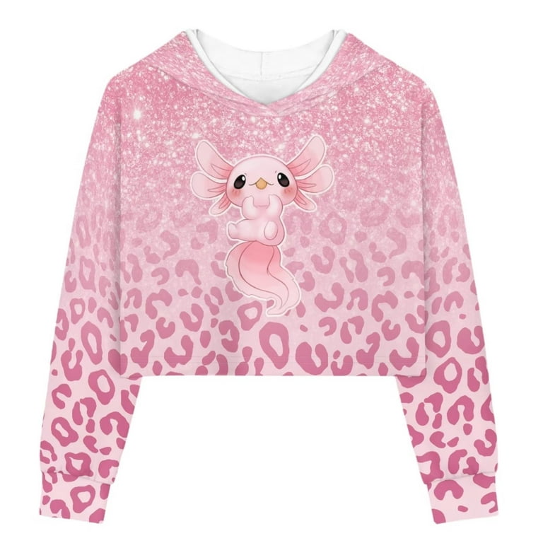 Renewold Pink Leopard Print Axolotl Crop Top Hoodies for Kids 5-6T Trendy  Long Sleeve T-shirts Active Girls Fall Spring Sport Clothes Preppy Pullover