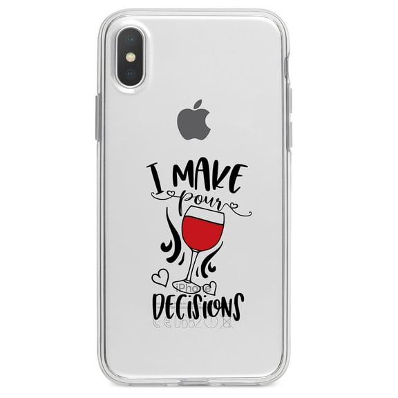 DistinctInk Clear Shockproof Hybrid Case for iPhone XR (6.1" Screen) - TPU Bumper Acrylic Back Tempered Glass Screen Protector - I Make POUR Decisions - Wine