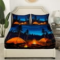 Cartoon Camper Campfire Fitted Sheet,Cute Camping Rv Decor Bedding Set
