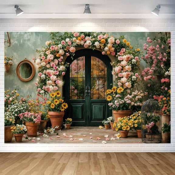 Flower Backdrop Coloful Floral Arch Retro Door Photography Backdrops Modern Interior Rustic Style Wall Decoration Wedding Portrait Background Studio Photo Booth Props 10X8