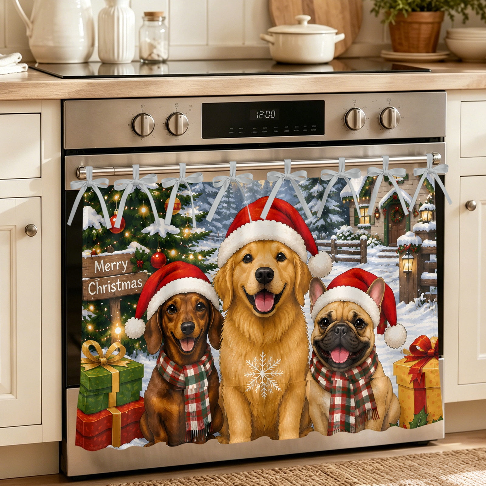 Oven Curtain for Kitchen Cute Winter Dog Stove Curtain With Ruffled Trim Dishwasher Curtains Christmas Trees Snowy Cottage Oven Skirt 27 x20